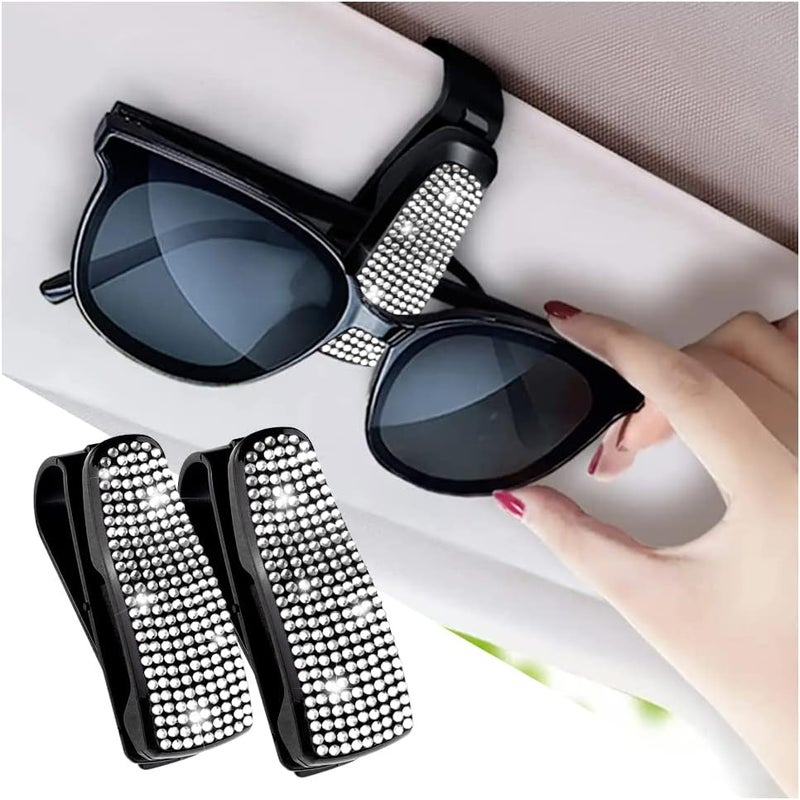 Turcee Set of 2 Bling Rhinestone Car Sun Visor Glasses Holders with Anti-Scratch Sponge,Car Decoration for Women Girls,Ticket Card Clip Visor Organizer,Universal Rhinestone Auto Accessories (Silver-2pcs) - Image 1